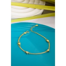 925 Ayar Gümüş Üzeri Altın Kaplama 2 Zincirli Küçük Kalpli Bileklik