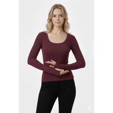 Kadın Parmak Detaylı Parmak Geçmeli %100 Pamuk Fitilli Kumaş Uzun Kollu U Yaka Body Esnek Basic Bluz