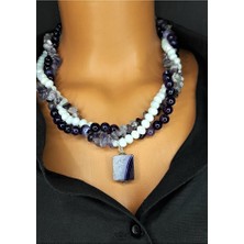 Asteria Elite Ametist Mor Akik Beyaz Kristal 3 Sıralı Sezgileri Güçlendirme ve Bilgelik Kolyesi