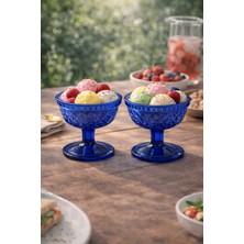 Jenisa 2'li Ayaklı Kobalt Mavi Baklava Desenli Cam Tatlı Kasesi - Dondurma, Magnolia Sunum Kadehi