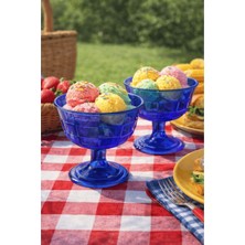 Jenisa 2'li Ayaklı Kobalt Mavi Dama Desenli Cam Tatlı Kasesi - Dondurma, Magnolia Sunum Kadehi