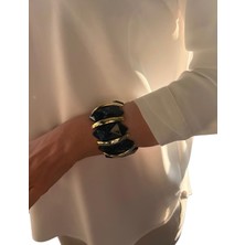 Gold Detaylı Lacivert Mermer Desenli Akrilik Bileklik