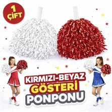 MegaSepet 1 Çift ( 2 Adet ) Kırmızı-Beyaz Renk 23 Nisan 19 Mayıs 29 Ekim Okul Gösteri Ponponları Ekstra Dolgun
