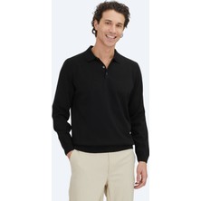 Kip Siyah Polo Yaka Düz Örgü Triko Kazak