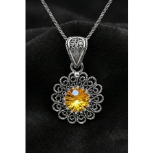 Roza Silver Kasım Sitrin Doğum Taşı Çiçek Motifli Telkari Gümüş Kolye