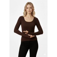 Kadın Parmak Detaylı Parmak Geçmeli %100 Pamuk Fitilli Kumaş Uzun Kollu U Yaka Body Esnek Basic Bluz