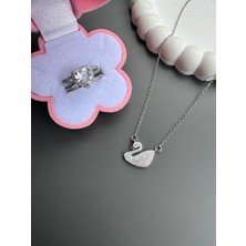 Gözde Aksesuarım Gümüş Renk Kuğu Kolye Yüzük Seti Çelik