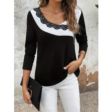 Mç Plus Kadın Uzun Kollu Yuvarlak Yakalı Çift Renkli Dantel Detaylı Viskon Bluz