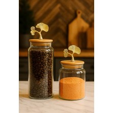 Jenisa 2’li Altın Metal Ginkgo Figürlü Bambu Kapaklı Cam Kavanoz – Saklama Kabı 1400ML + 890 ml