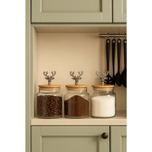 Jenisa 3'lü Metal Siyah Geyik Figürlü Bambu Kapaklı Cam Kavanoz – Şık Saklama Kabı 635 cc