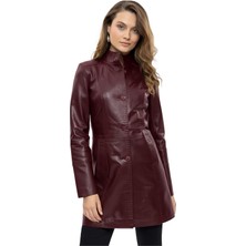 Deriderim Bordo Cara Kısa Düğmeli Dar Fit Kesim Astarlı Kısa Hakiki Kadın Deri Kaban