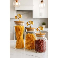 Jenisa 3'lü Bambu Kapaklı Metal Ginkgo Figürlü Şeffaf Cam Kavanoz Şeffaf Cam Saklama Kabı 635/890/1400ML