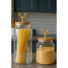 Jenisa 2’li Altın Metal Geyik Figürlü Bambu Kapaklı Cam Kavanoz – Saklama Kabı 1400ML + 890 ml