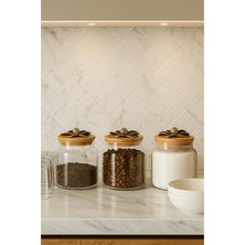 Jenisa 3'lü Metal Siyah Çiçek Figürlü Bambu Kapaklı Cam Kavanoz – Şık Saklama Kabı 635 cc