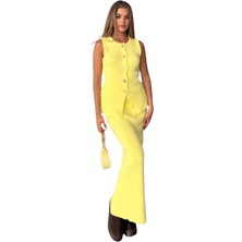 Kechi Woman Gold Aksesuarlı Düğmeli Etek Yelek Sarı Triko Takım