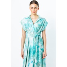 On Fashion Elbise Beli Dikişli Kuşaklı Gömlek Yaka