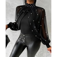 Nidam Butik Kadın Balıkçı Yaka Incili Pelerin Ithal Krep Bluz