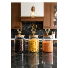 Jenisa 3’lü Bambu Kapaklı Metal Geyik Figürlü Kavanoz Seti - Orta Boy Saklama Kabı 890CC - Altın