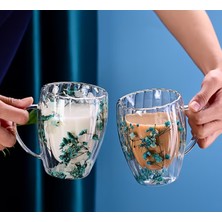 Cuppera Isıya Dayanıklı Çift Cidarlı Çizgili Kurutulmuş Canlı Çiçekli Kupa