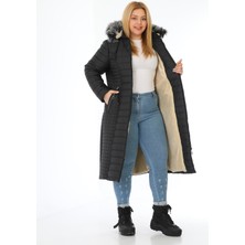 TUTveAL Collection Kadın Hardal Içi Kürklü Mont Uzun Kapitone Mont Kapüşonlu Büyük Beden Mont