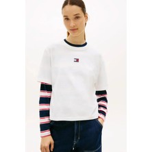 Tommy Jeans Kadın Uzun Kol Düz Tişört Günlük Stil XS Beden Beyaz Dokuma Kumaş-DW0DW22202