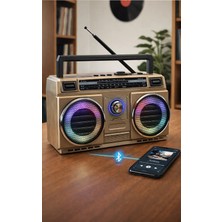 FaroxTech Retro Tasarım Bluetooth Hoparlör - 4 Bantlı Şarjlı Radyo & Rgb LED Disko Işıklı