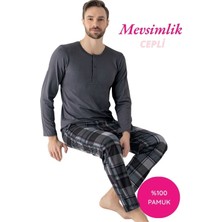 Bie's Antrasit Erkek Ekose Desen %100 Pamuk Mevsimlik Uzun Kollu Cepli Pijama Takımı