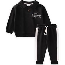 Cigit Yakalı Nakış İşlemeli Sweatshirt Takım 2-10 Yaş Siyah