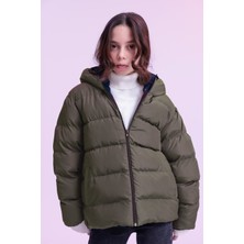 Kız Çocuk Haki Su ve Rüzgar Geçirmez Içi Polarlı Kapüşonlu Şişme Mont