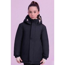 Kız Çocuk Siyah Suya Dayanıklı Rüzgar Korumalı Kürk Astarlı Mont Parka