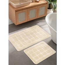 Konfor Halı Doğal Kaymaz Taban Banyo Paspas Seti Uzun Ömürlü Yumuşak Dokulu Su Emici Yıkanabilir Kareli Set 50X80-50X40