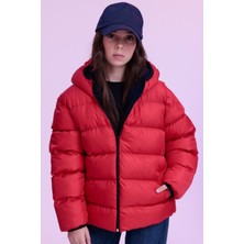 Kız Çocuk Kırmızı Su ve Rüzgar Geçirmez Içi Polarlı Kapüşonlu Şişme Mont