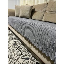 Göksal Süvari Bambu Çizgili Süngerli Kadife Kaymaz Çektat Koltuk Örtüsü 85X210 (Krem)