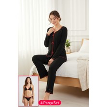 İmoda Premium Kadın 4 Lü Fitilli Set - Siyah Kırmızı Biyeli (Pijama Üst, Pantolon, Bikini Takımı)