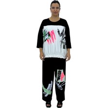 Büyük Beden Pamuklu Lastik Detaylı Salaş Kapri Kol Desenli Alt Üst Kadın Eşofman Takımı