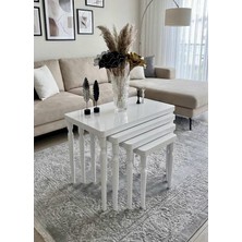 4lü Beyaz Beyaz Lüx Mdf Ahşap Zigon Sehpa Gürgen Ahşap Ayak Bella Vetro