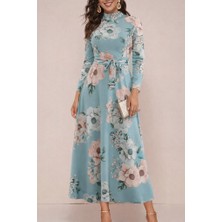 Sidelya Concept Kadın Uzun Kollu Yuvarlak Yakalı Beli Kuşaklı Desenli Süprem Uzun Elbise