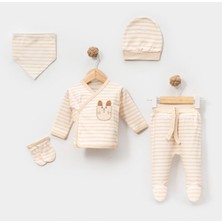 Lovemaxx 5050LV – Erkek Bebek 0–3 Ay Kaplanlı Çizgili 5’li Set | Krem Yenidoğan Takımı | Hastane Çıkışı