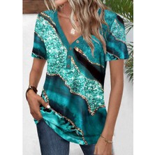 Sidelya Concept Kadın Kısa Kollu V Yakalı Önden Düğmeli Baskılı Süprem Bluz