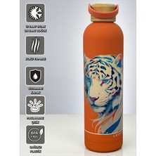 Leopar Bambu Kapaklı Turuncu Kaplan  Figürlü 1000 ml Paslanmaz Çelik Termos