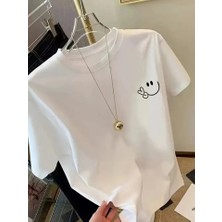 Sidelya Concept Baskılı Oversize Bisiklet Yaka T-Shirt - Beyaz