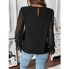 Sidelya Concept Kadın Uzun Kollu Bisiklet Yaka Tül Detaylı Incili Ithal Krep Bluz