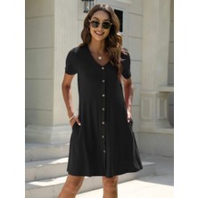 Sidelya Concept Kadın Kısa Kollu V Yaka Önü Düğmeli Viskon Elbise