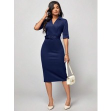 Sidelya Concept Kadın Kısa Kollu Yakalı Kruvaze Yakalı Beli Kemerli Midi Modal Elbise