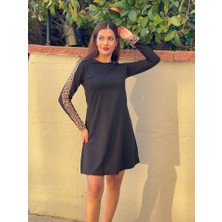 Sidelya Concept Kadın Uzun Kollu Bisiklet Yaka Kollar Leopar Detay Iki Iplik Mini Boy Elbise