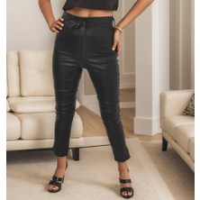 Sidelya Concept Kadın Yüksek Bel Yanlardan Incili Yırtmaçlı Uzun Deri Tayt