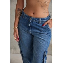 Sidelya Concept Mavi Yan Cepli Jeans Pantolon