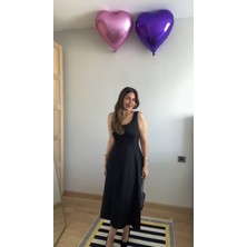 Sidelya Concept Kadın Askılı Kare Yaka Yırtmaçlı Midi Janjan Krep Elbise