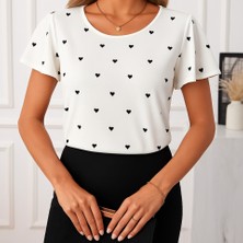 Sidelya Concept Kadın Kısa Kelebek Kollu Bisiklet Yaka Kalp Desenli Süprem Bluz