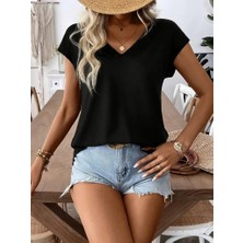 Sidelya Concept Kadın Kısa Kollu V Yakalı Arkadan Kurdele Detaylı Viskon Bluz